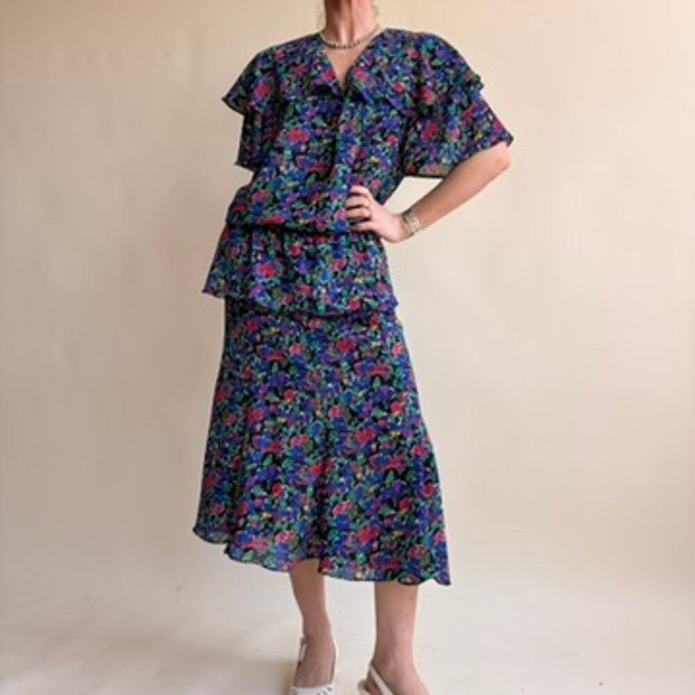 Liz Roberts Petites Floral Set - 80s Vintage, Size 14 (Fits Large)
